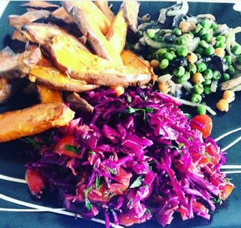 Baked potatoes with pea, chickpea mushroom stir-fry served with red cabbage salsa salad